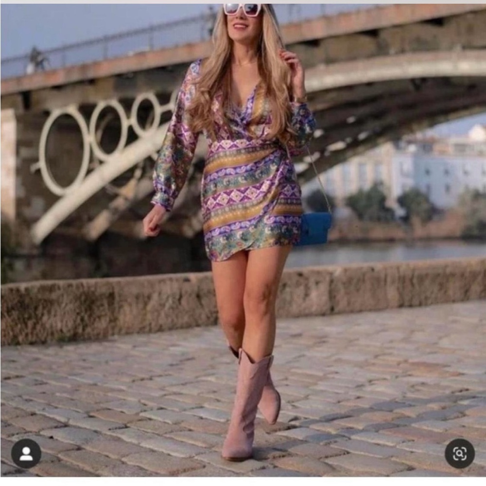 Zara Purple Multi-Print V-Neck Long Sleeve Mini Dress